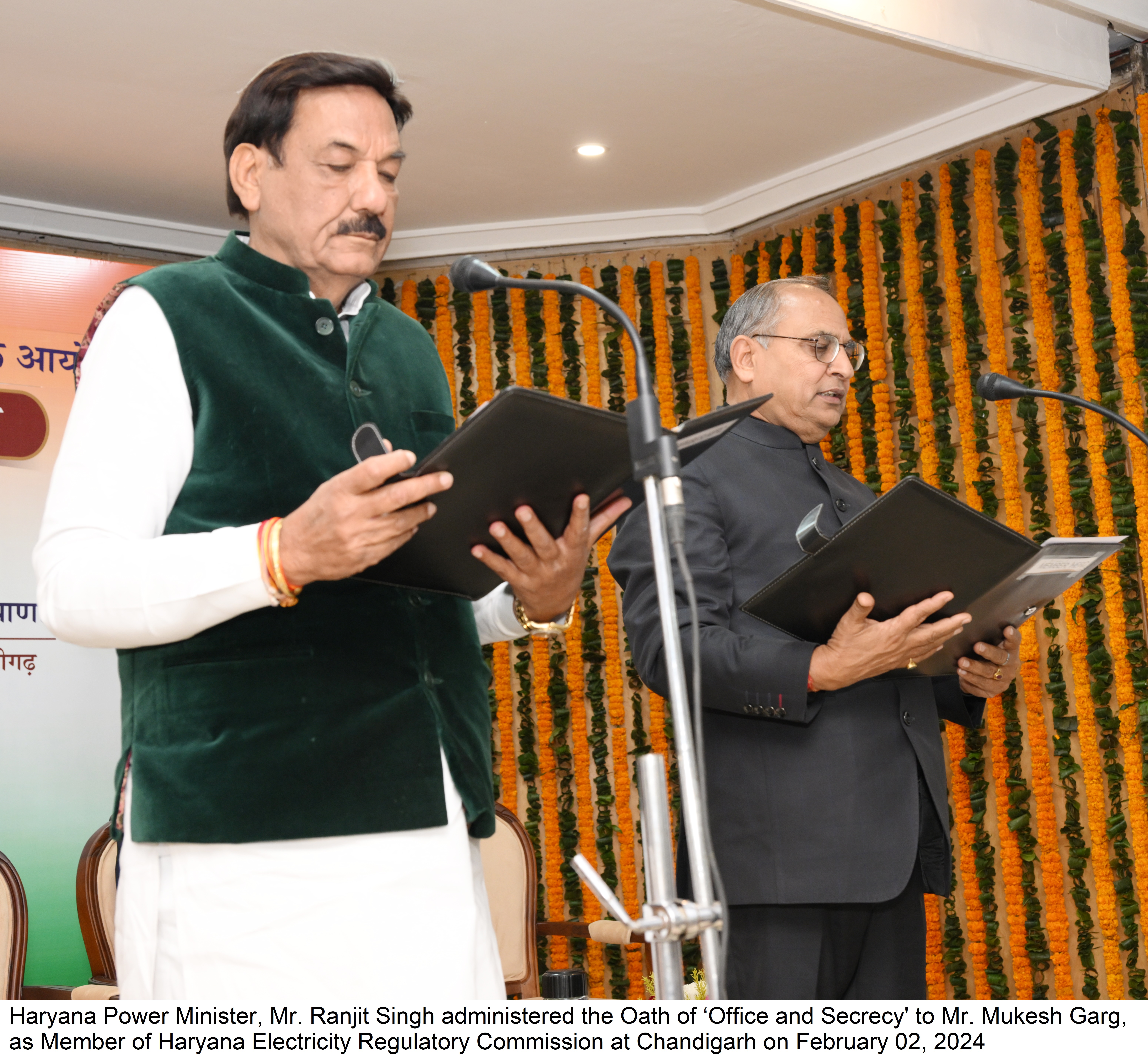 Haryana Power Minister, Mr. Ranjit Singh administered the Oath of &lsquo;Office and Secrecy' to Mr. Mukesh Garg, as Member of Haryana Electricity Regulatory Commission at Chandigarh on February 02, 2024